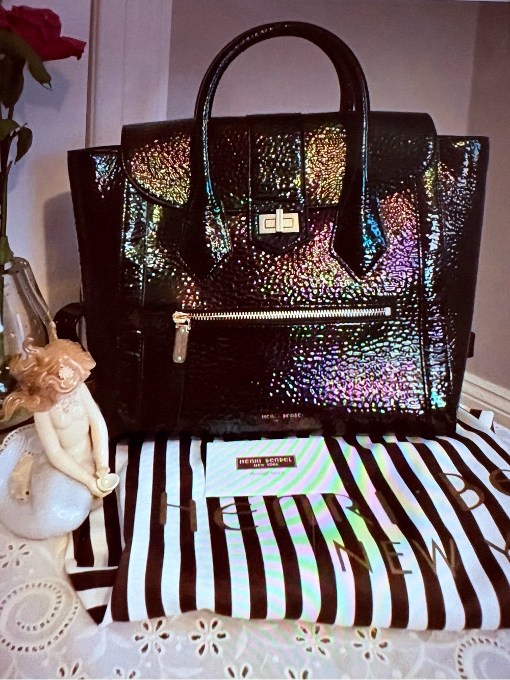 Henri Bendel PETROL Iridesent Leather Backpack Bag